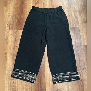 J Jill womens embroidered wide leg pants size medium black‎ cotton gauze pull on